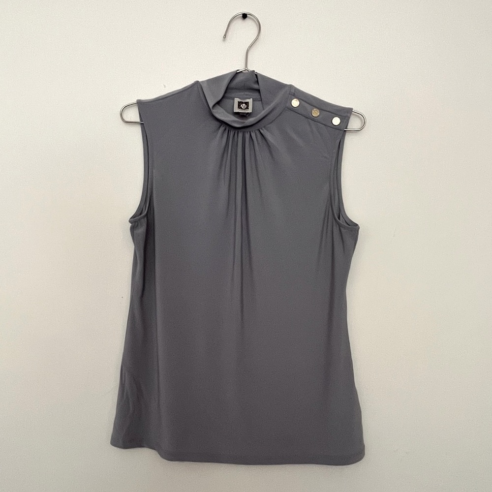 Baby Blue Sleeveless Blouse with Shoulder Accents and Mock Neck